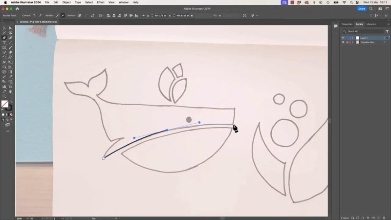 The Pen Tool in Adobe Illustrator tracing a smooth curved vector path along the belly of a whale sketch, showing active anchor points and control handles.