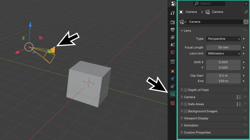 camera object and camera settings highlighted in the data tab of the properties panel in blender