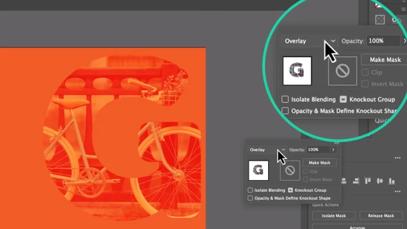 large letter g with overlay blending mode over orange background in adobe illustrator