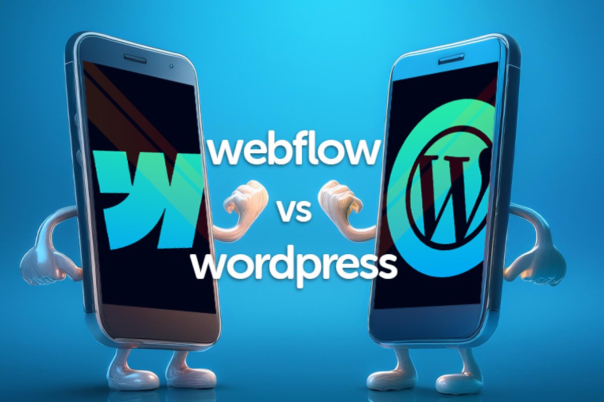 two mobile screens and arms and legs showing webflow and wordpress logos
