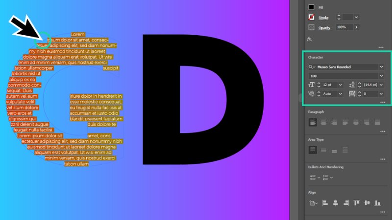 adding placeholder text inside a g shaped simple path in illustrator