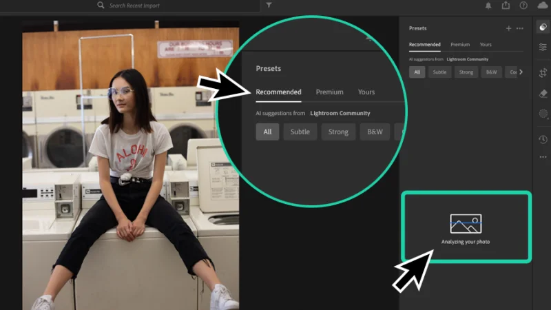 photo of young woman and photo analysis animation in adobe lightroom