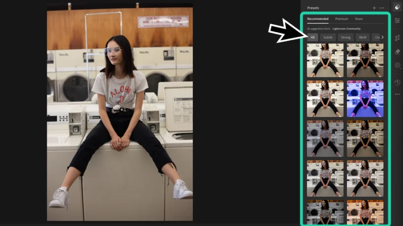 photo of young woman and filter options highlighted in adobe lightroom