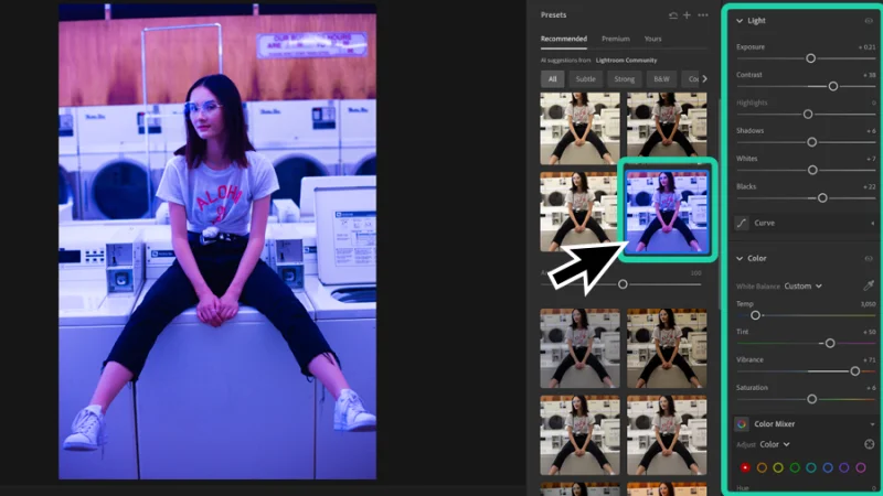 photo of young woman and active preset preview in adobe lightroom