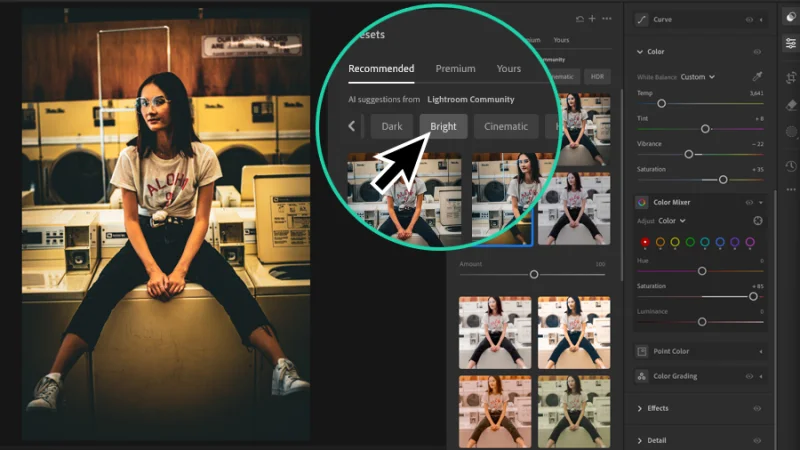 photo of young woman and adjustment settings magnified  in adobe lightroom