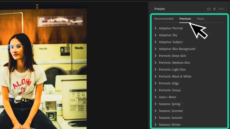 photo of young woman and premium presets categories highlighted in adobe lightroom
