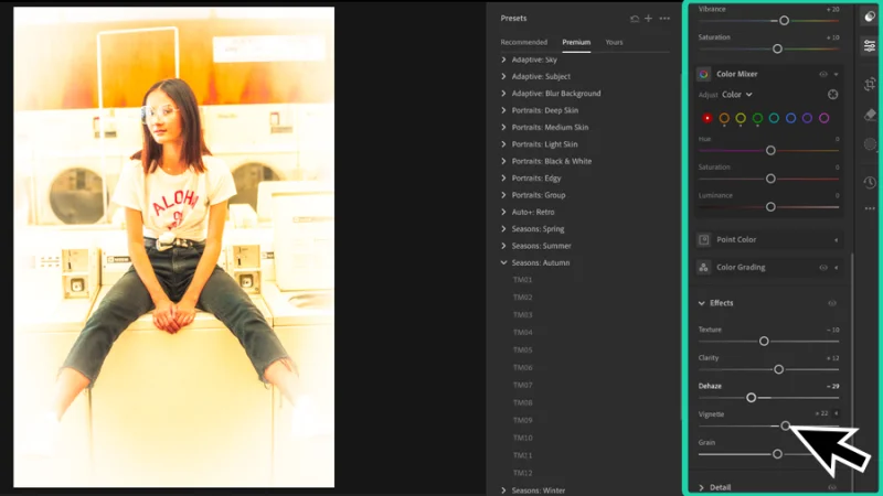 photo of young woman and adjustment settings panel in adobe lightroom