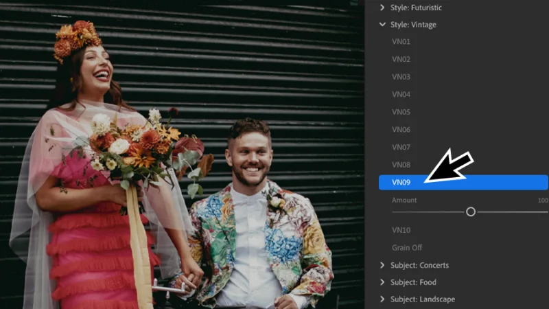photo of marriage couple and premium preset options in adobe lightroom