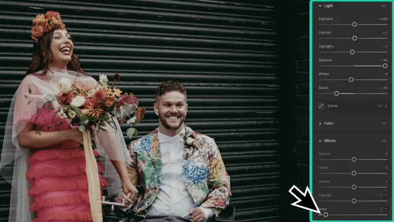 photo of marriage couple and adjustment settings in adobe lightroom