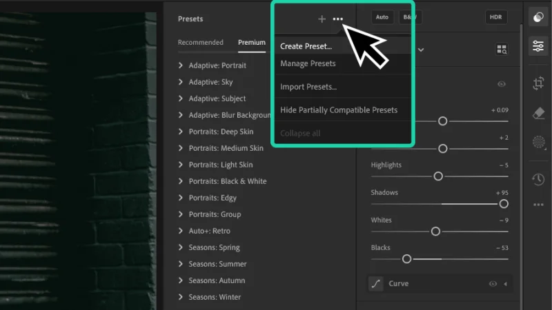 create preset option highlighted in adobe lightroom