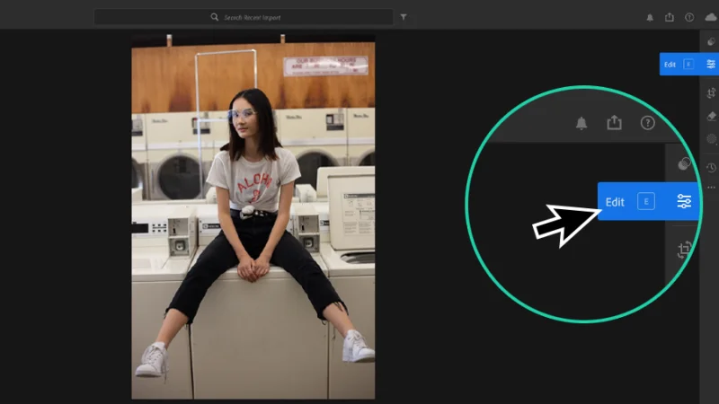 photo of young woman and edit feature magnified in adobe lightroom