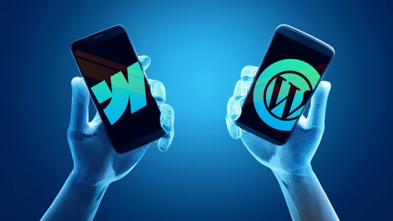 two mobile screens held by holographic hands showing webflow and wordpress logos