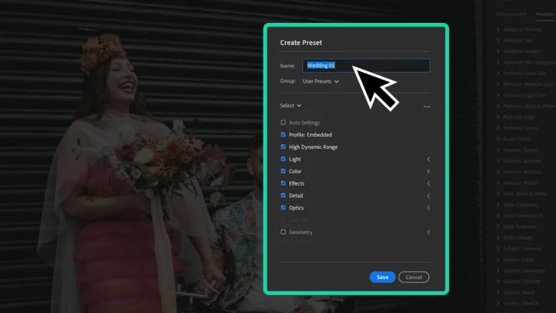 photo of marriage couple and create preset window highlighted in adobe lightroom
