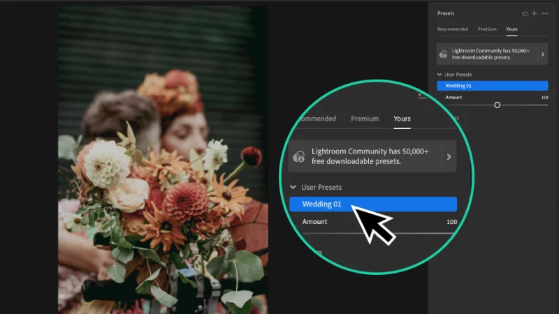 photo of marriage couple and saved customized preset name magnified in adobe lightroom