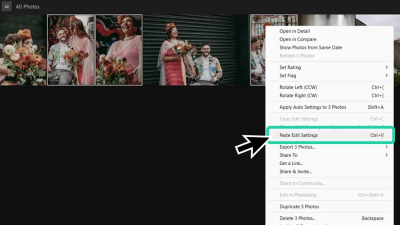 photo sequence of marriage couple and paste edit settings highlighted in adobe lightroom