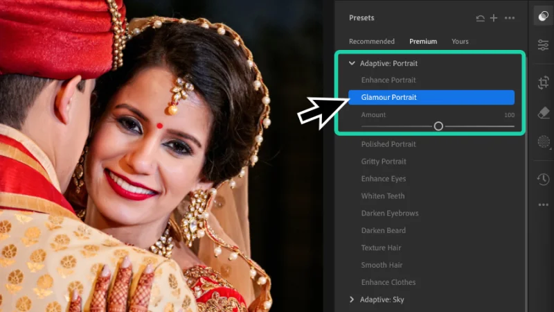 photo of indian couple in traditional clothes and adaptive preset list in  adobe lightroom