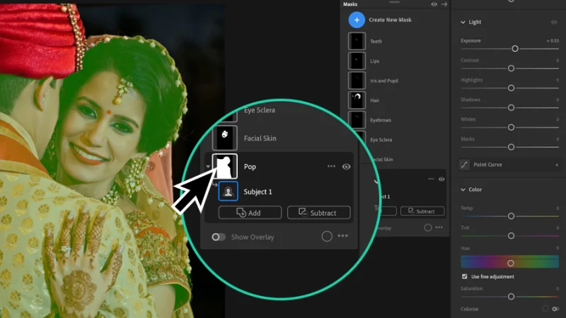 photo of indian couple in traditional clothes and masking options panel in adobe lightroom