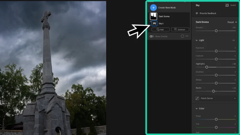 stone monument under dark cloudy sky and masking settings in adobe lightroom