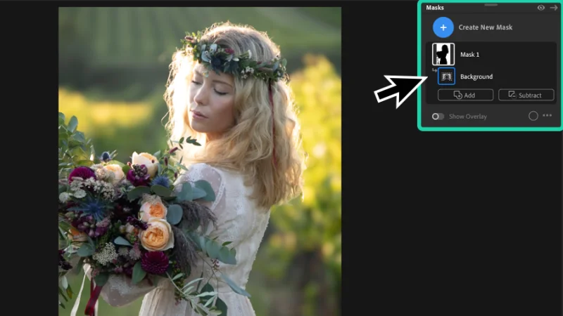 photo of bride wearing a flower crown and masking settings in adobe lightroom