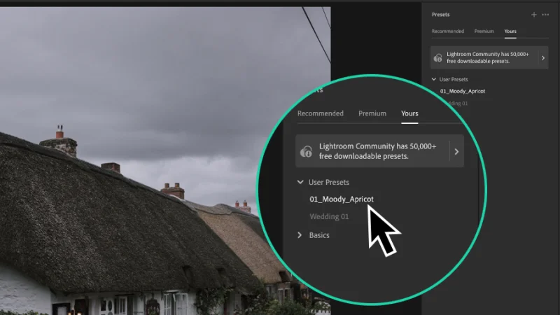 imported preset applied to country house photograph in adobe lightroom