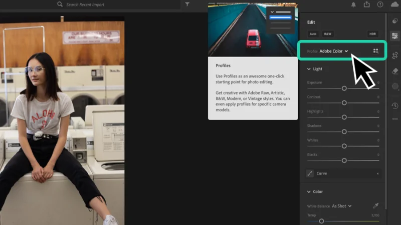 photo of young woman and adobe color profile setting highlighted in adobe lightroom