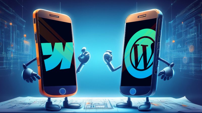 two mobile phones showing webflow and wordpress logos standing over tech blueprints