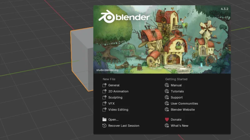 blender splash screen menu and available options