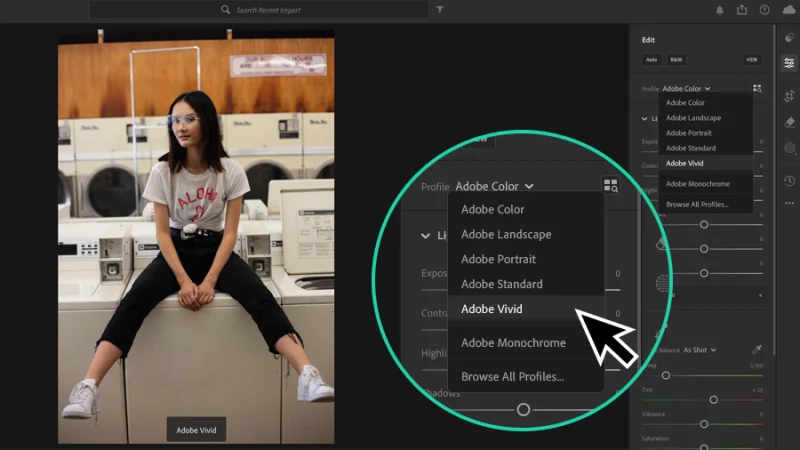 photo of young woman and default color profiles magnified in adobe lightroom