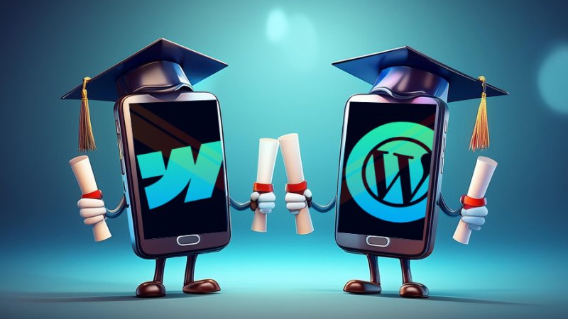two mobile phones wearing student hars showing webflow and wordpress logos