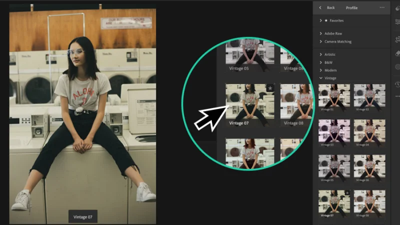 photo of young woman and profile preview thumbnails in adobe lightroom