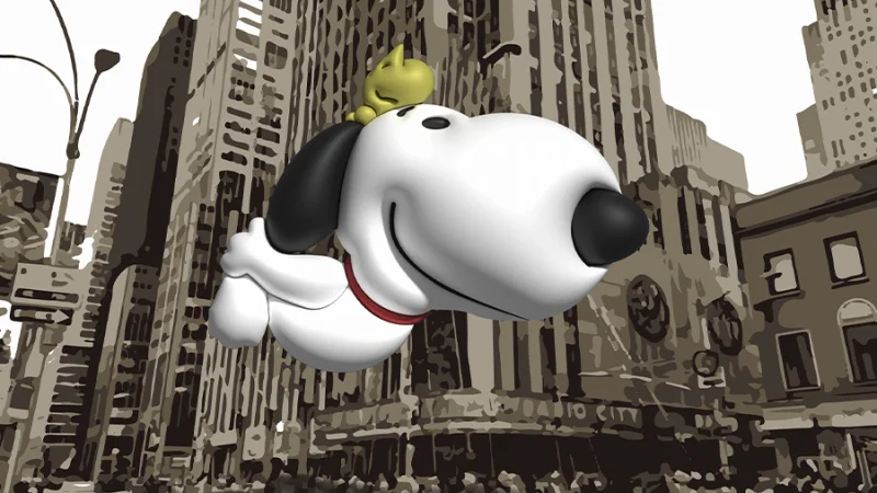 A Snoopy character against a city background