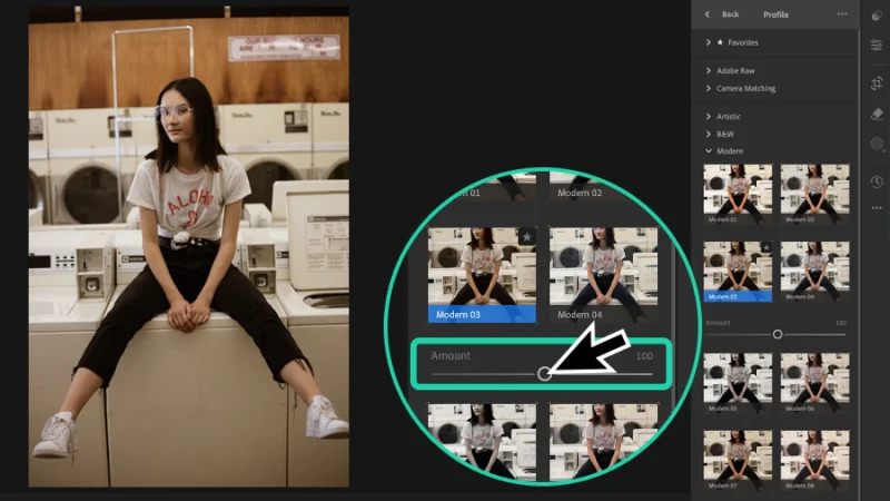 photo of young woman and adjusting profile amount slider magnified in adobe lightroom