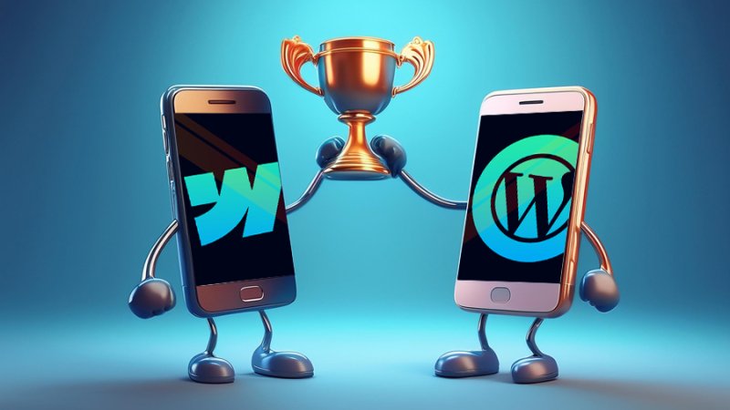 two mobile phones showing webflow and wordpress logos raising a trophy