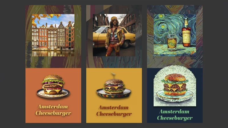 Graphics of Amsterdam and cheeseburgers