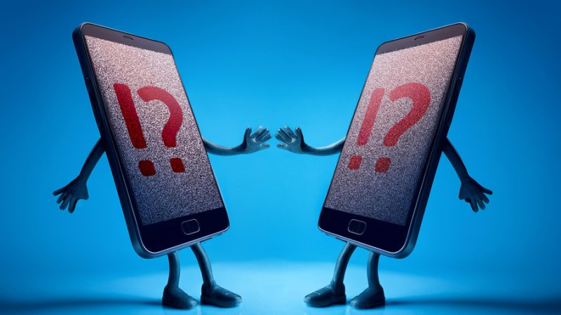 two mobile phones look surprised and show error message on screen