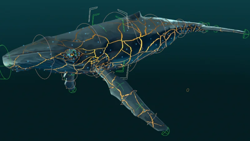 3d model of a whale, displaying texture and rigging structure