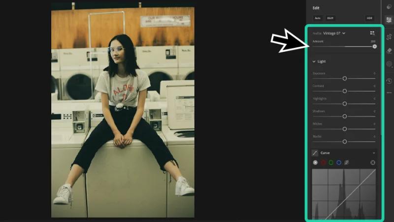 photo of young woman and profile adjustment settings panel in adobe lightroom