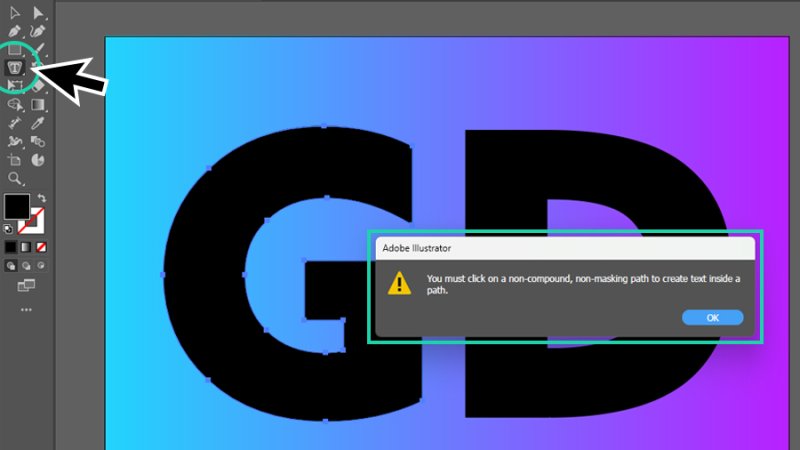 error notification in illustrator, indicating that area type doesn’t work on compound shapes.