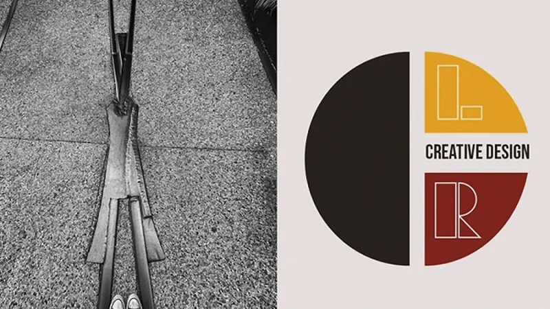 A black and white image of a sidewalk and sneakers next to a logo with the text Creative design