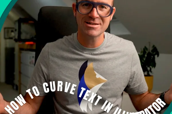 Daniel Scott smiles at the camera and inbetween his hands is the text: how to curve text in Adobe Illustrator
